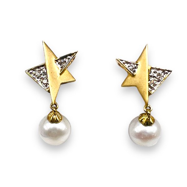 14k Yellow Gold Star Pearls Diamonds Post Earrings - Image 3