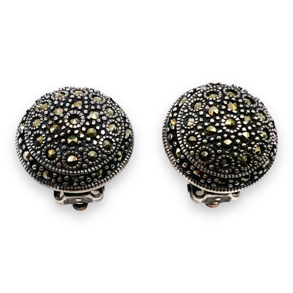 925 Sterling Silver Round Disc Marcasite Earrings, Clip On