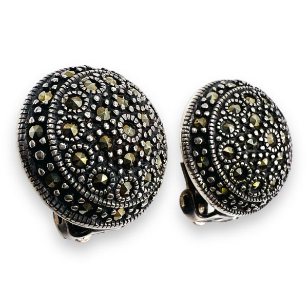 925 Sterling Silver Round Disc Marcasite Earrings, Clip On - Image 5