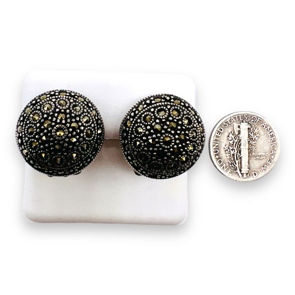 925 Sterling Silver Round Disc Marcasite Earrings, Clip On - Image 2