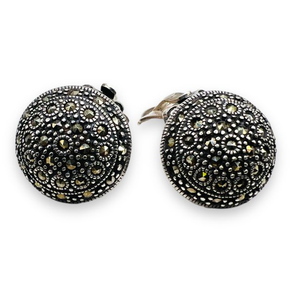 925 Sterling Silver Round Disc Marcasite Earrings, Clip On - Image 3