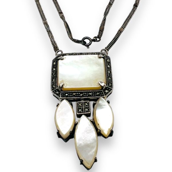 Mother of Pearl & Marcasite Sterling Silver Dangle Necklace - Image 5