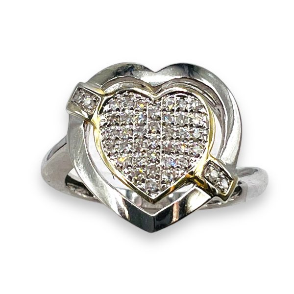 10k White Gold Micro Pave Diamonds Heart Ring, Size 6