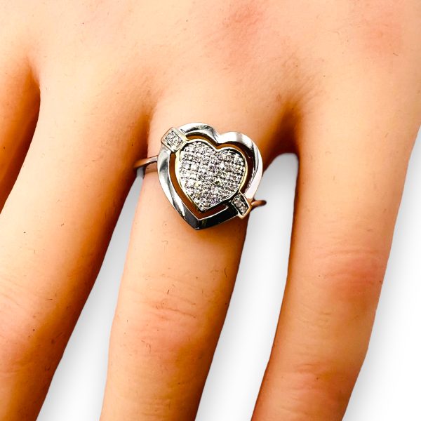 10k White Gold Micro Pave Diamond Heart Ring, Size 6 - Image 6