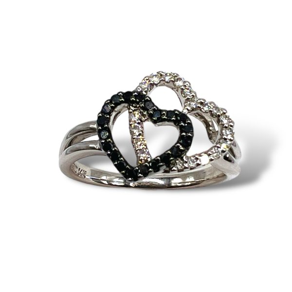 Two-Hearts Black & White Diamond Ring 14k White Gold Size 7 - Image 2