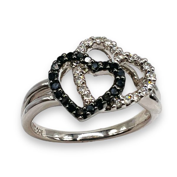 Two-Hearts Black & White Diamond Ring 14k White Gold Size 7