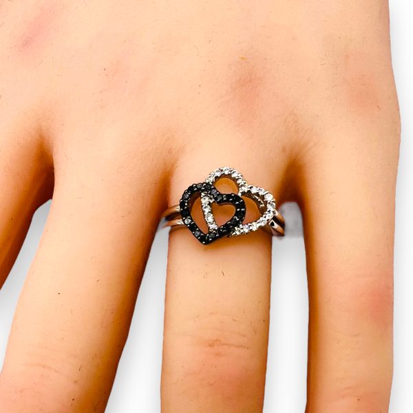 Two-Hearts Black & White Diamond Ring 14k White Gold Size 7 - Image 3