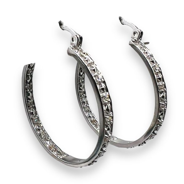 Engraved Diamond Hoop Earrings in 14k White Gold - Image 2