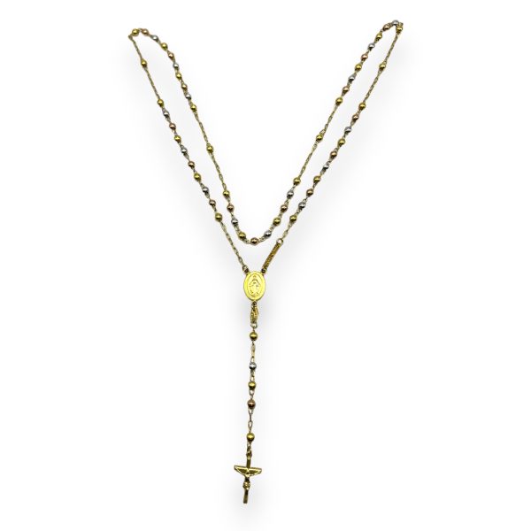 14k Gold Tri-Color Rosary Necklace Religious Faith Jewelry