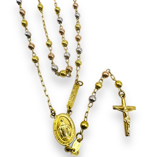 14k Gold Tri-Color Rosary Necklace Religious Faith Jewelry - Image 7