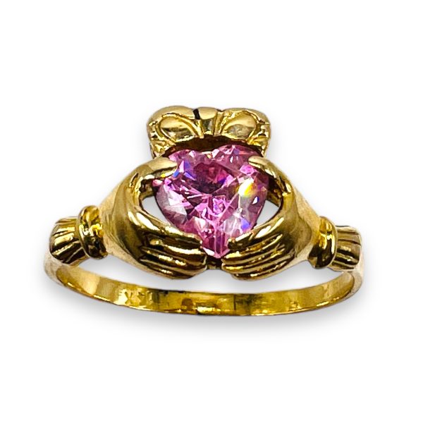 Irish Celtic Pink Stone Claddagh Heart Ring | 14k Gold