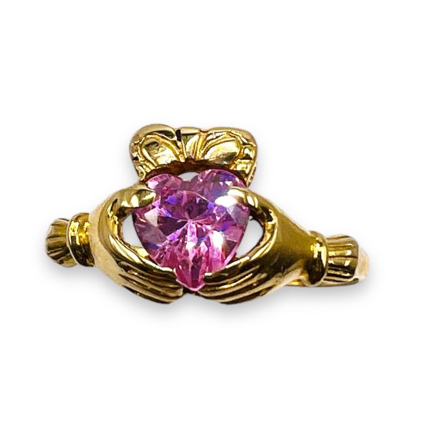 Irish Celtic Pink Stone Claddagh Heart Ring | 14k Gold - Image 2