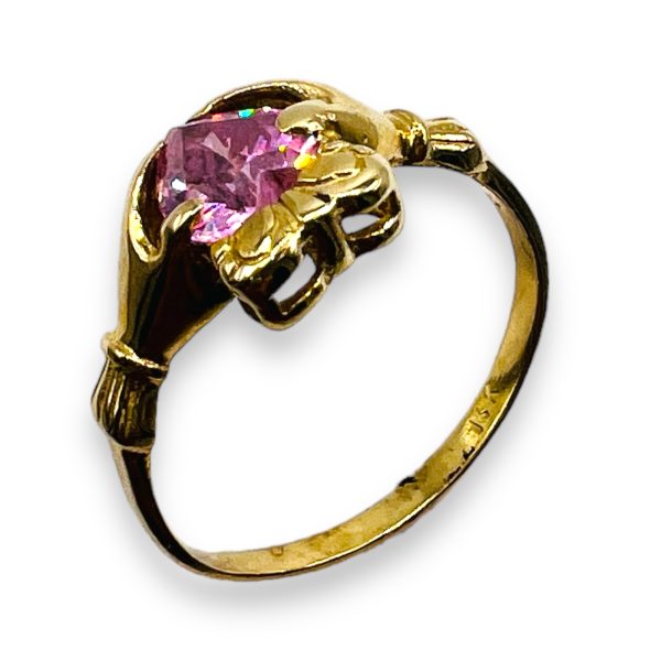 Irish Celtic Pink Stone Claddagh Heart Ring | 14k Gold - Image 3