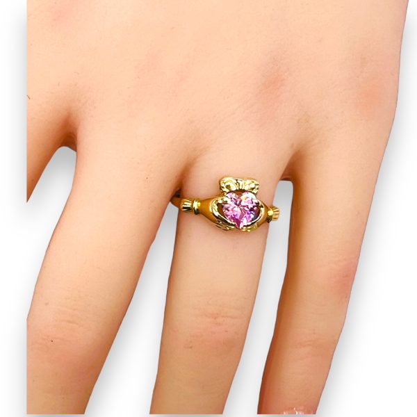 Irish Celtic Pink Stone Claddagh Heart Ring | 14k Gold - Image 5