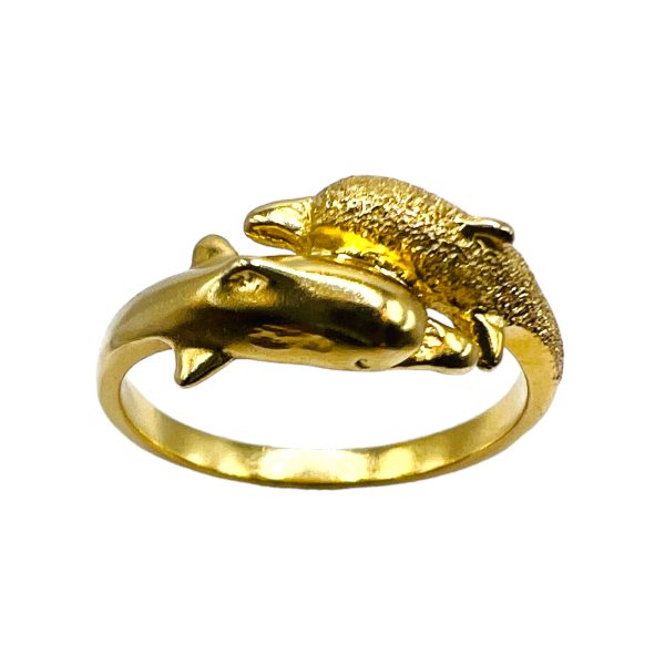 14k Solid Yellow Gold Double Dolphin Ring, Size 5