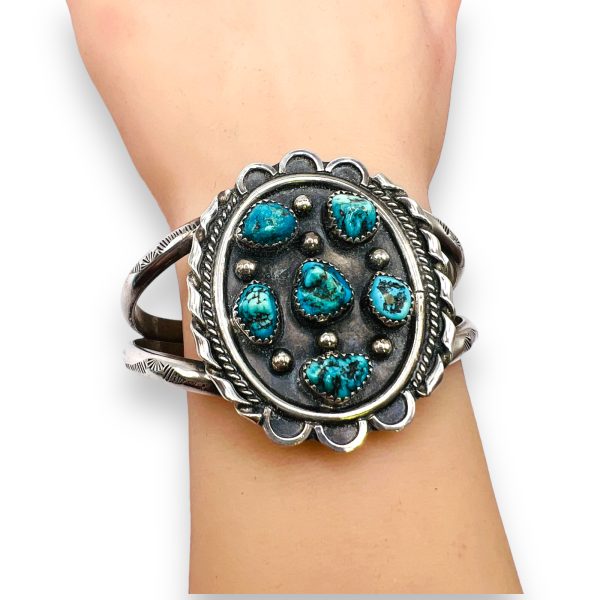 American Southwest Turquoise Bangle Cuff Bracelet | Silver - Image 7