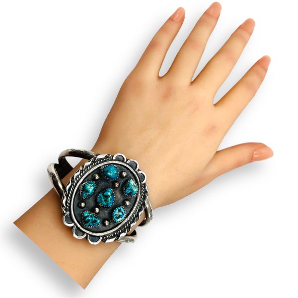 American Southwest Turquoise Bangle Cuff Bracelet | Silver - Image 6