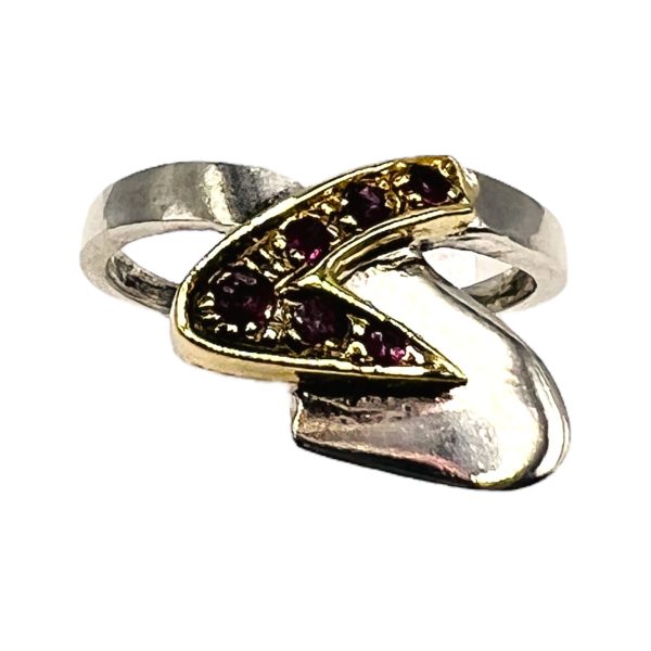 Gold & Silver Lightning Bolt Red Ruby Stones Ring, Size 6