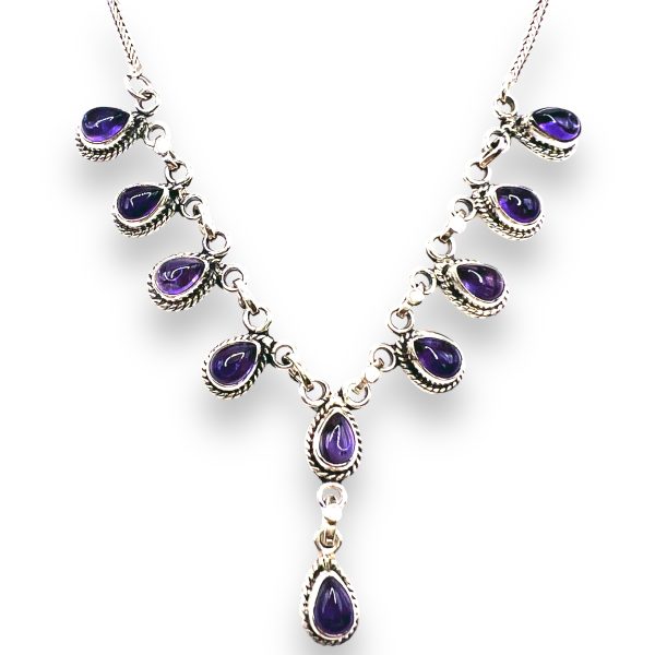 Y-Drop Lariat Necklace 10 Amethyst Teardrop Gemstones - Image 2