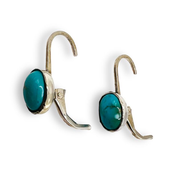 Sterling Silver Genuine Blue Turquoise Oval Drop Earrings - Image 2