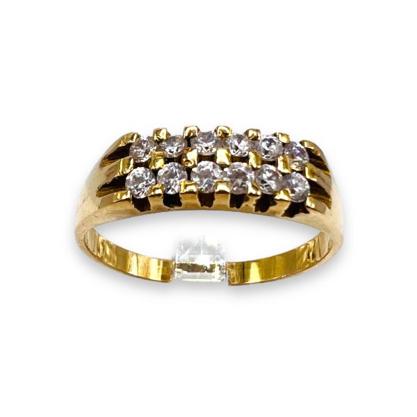 18k Real Yellow Gold Cubic Zirconia Two-Row Ring, Size 8.25