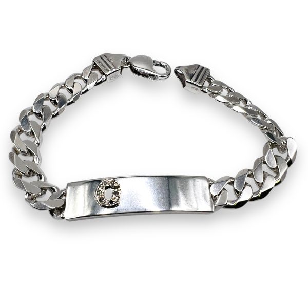 Silver Curb Link Bracelet with Initial 'C' Diamond Letter