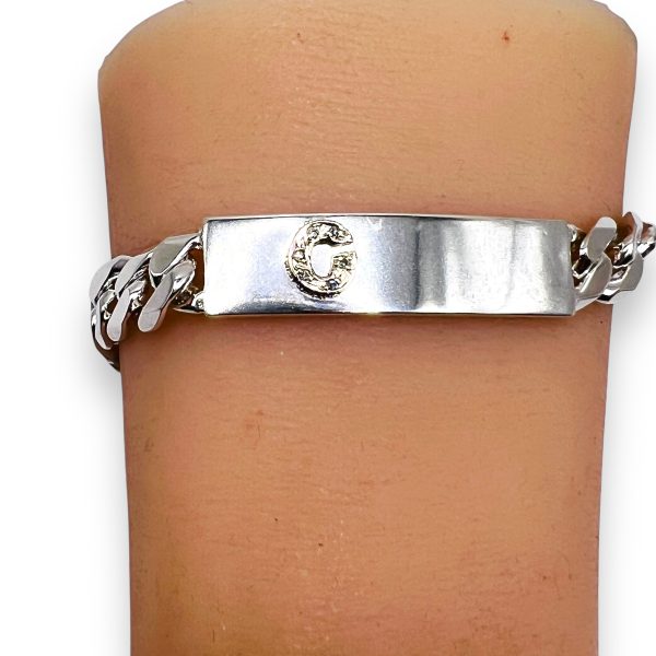 Silver Curb Link Bracelet with Initial 'C' Diamond Letter - Image 10