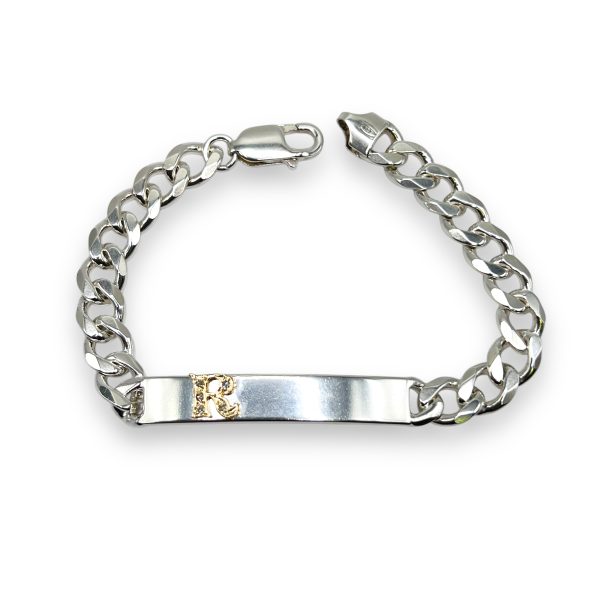 Silver Cuff Bracelet with Initial ‘R’ in 10k Gold & Diamond