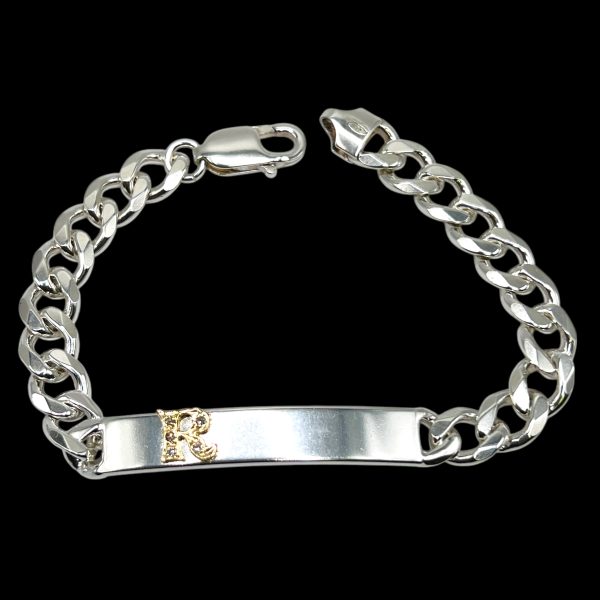 Silver Cuff Bracelet with Initial ‘R’ in 10k Gold & Diamond - Image 2