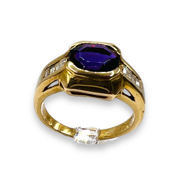 Amethyst & Diamond Cocktail Ring 14k Yellow Gold, Size 7.25 - Image 3