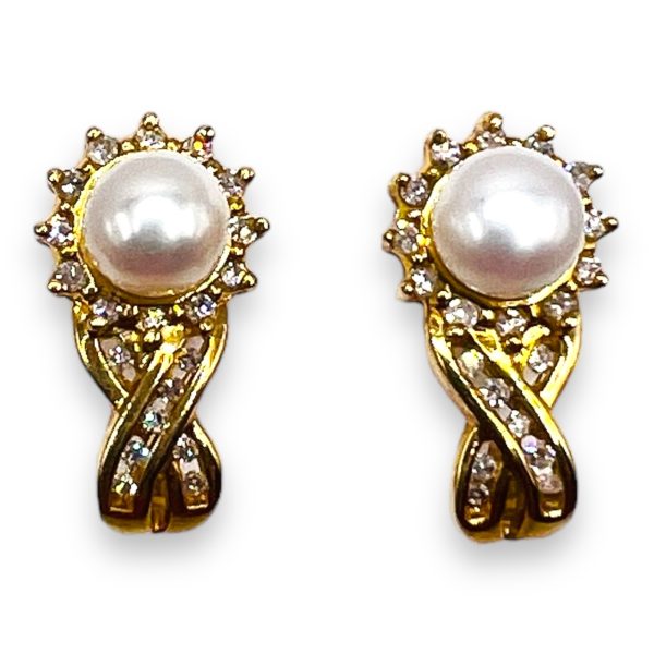 Vintage Cultured Pearl Earrings with Diamonds 14K Gold