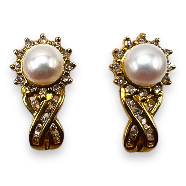 Vintage Cultured Pearl Earrings with Diamonds 14K Gold - Image 2