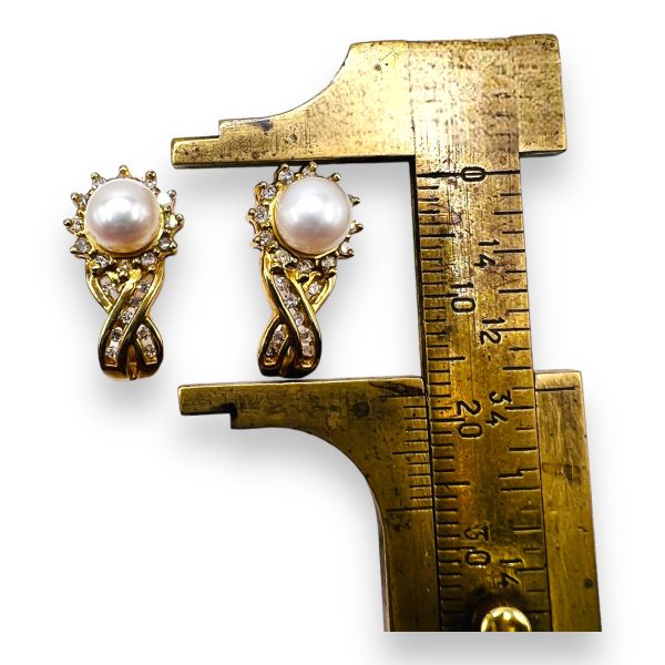 Vintage Cultured Pearl Earrings with Diamonds 14K Gold - Image 3