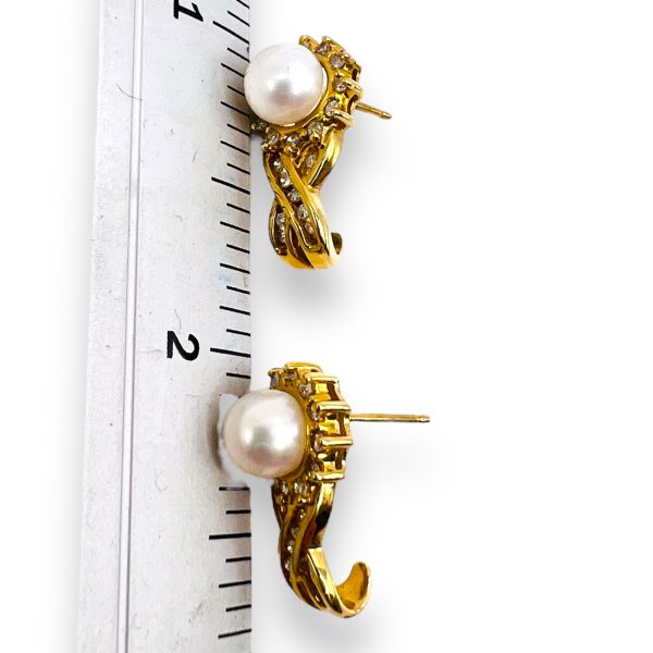 Vintage Cultured Pearl Earrings with Diamonds 14K Gold - Image 5