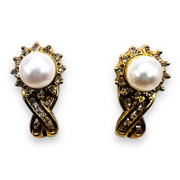 Vintage Cultured Pearl Earrings with Diamonds 14K Gold - Image 6