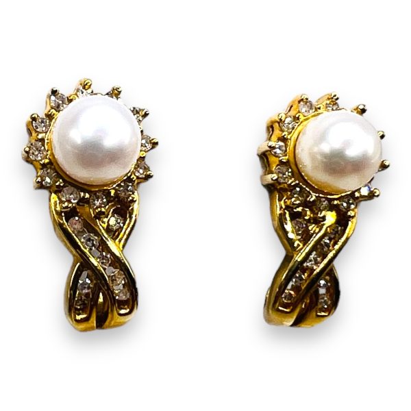 Vintage Cultured Pearl Earrings with Diamonds 14K Gold - Image 11