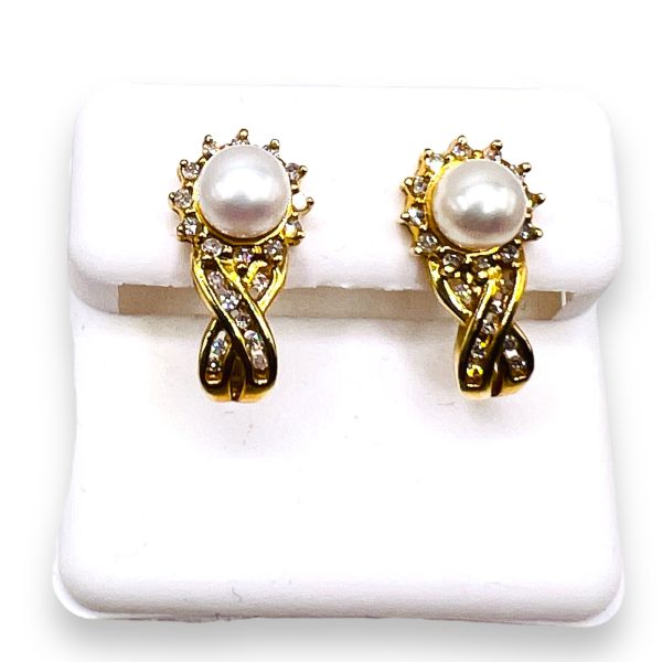 Vintage Cultured Pearl Earrings with Diamonds 14K Gold - Image 8