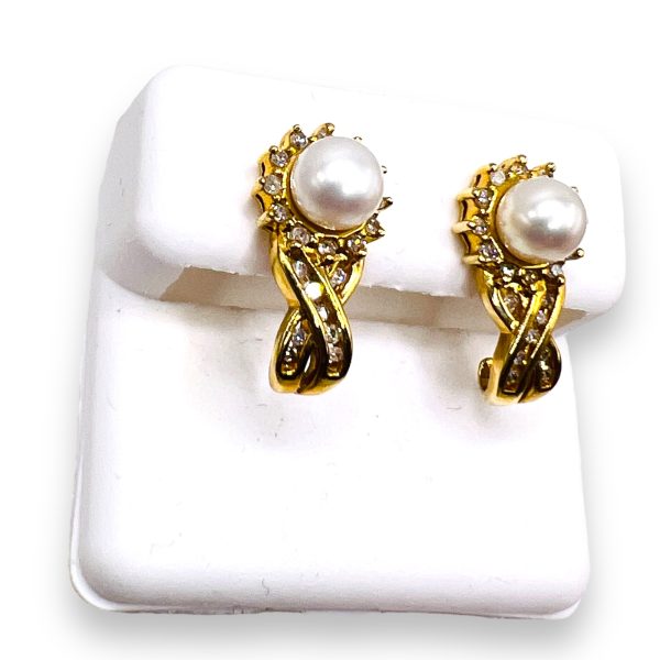 Vintage Cultured Pearl Earrings with Diamonds 14K Gold - Image 9