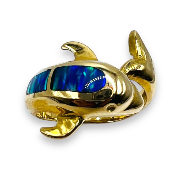 10k Yellow Gold Blue Opal Inlay Dolphin Ring, Size 6.75