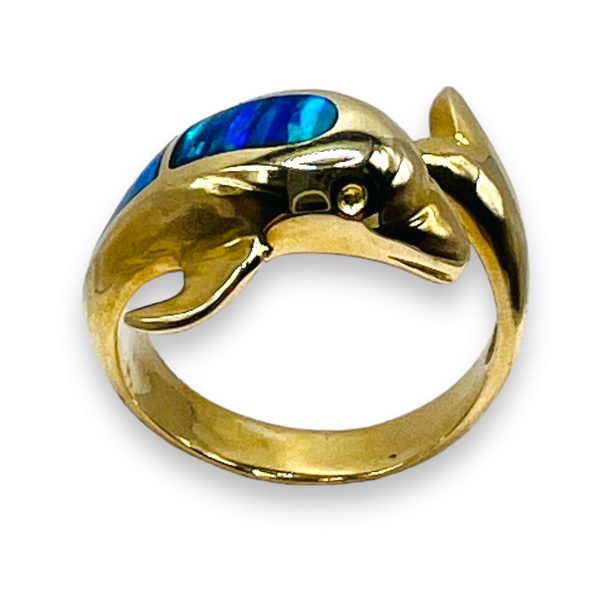 10k Yellow Gold Blue Opal Inlay Dolphin Ring, Size 6.75 - Image 2