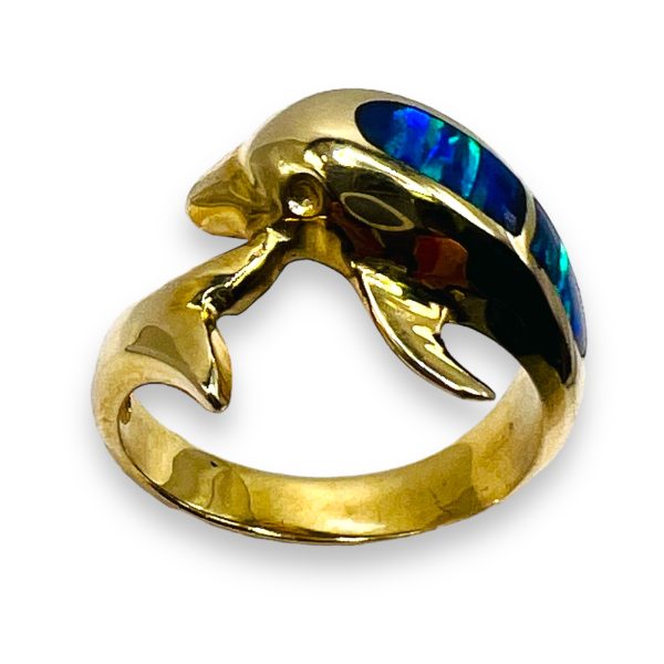 10k Yellow Gold Blue Opal Inlay Dolphin Ring, Size 6.75 - Image 3