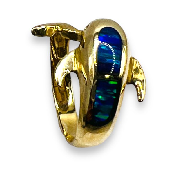 10k Yellow Gold Blue Opal Inlay Dolphin Ring, Size 6.75 - Image 10