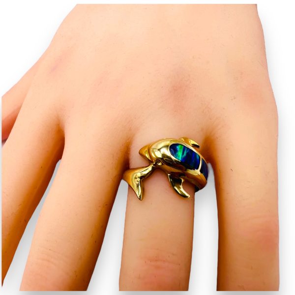 10k Yellow Gold Blue Opal Inlay Dolphin Ring, Size 6.75 - Image 7