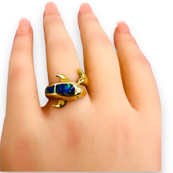 10k Yellow Gold Blue Opal Inlay Dolphin Ring, Size 6.75 - Image 8