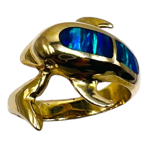 10k Yellow Gold Blue Opal Inlay Dolphin Ring, Size 6.75 - Image 12