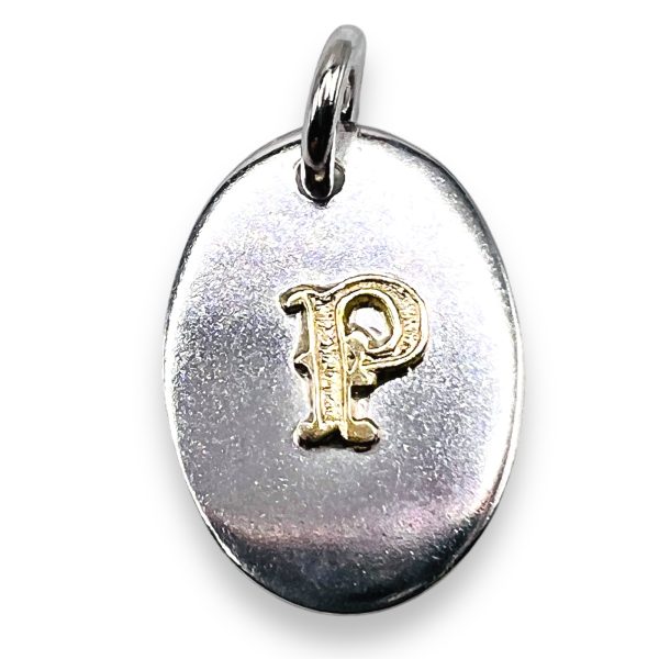 Oval Silver Disc Pendant Initial ‘P’ 10k Gold Letter