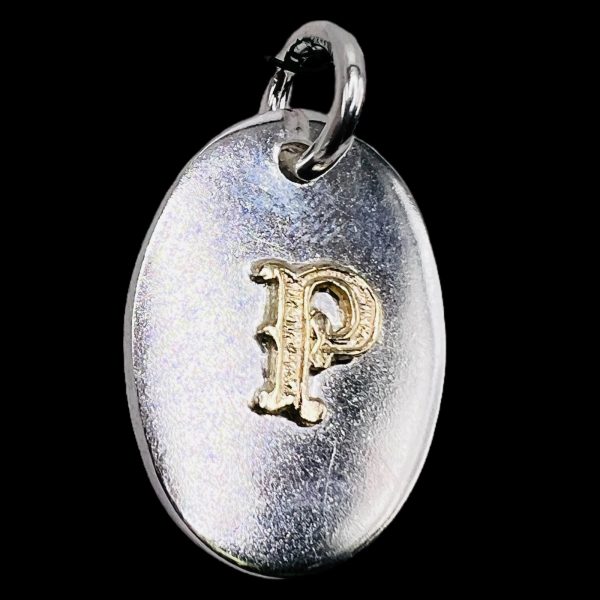 Oval Silver Disc Pendant Initial ‘P’ 10k Gold Letter - Image 2