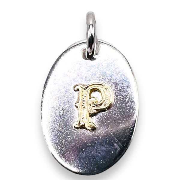 Oval Silver Disc Pendant Initial ‘P’ 10k Gold Letter - Image 8