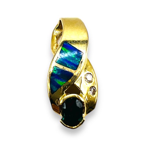 14k Gold Lab Opal & Genuine Diamond Inlay Swirl Pendant - Image 2