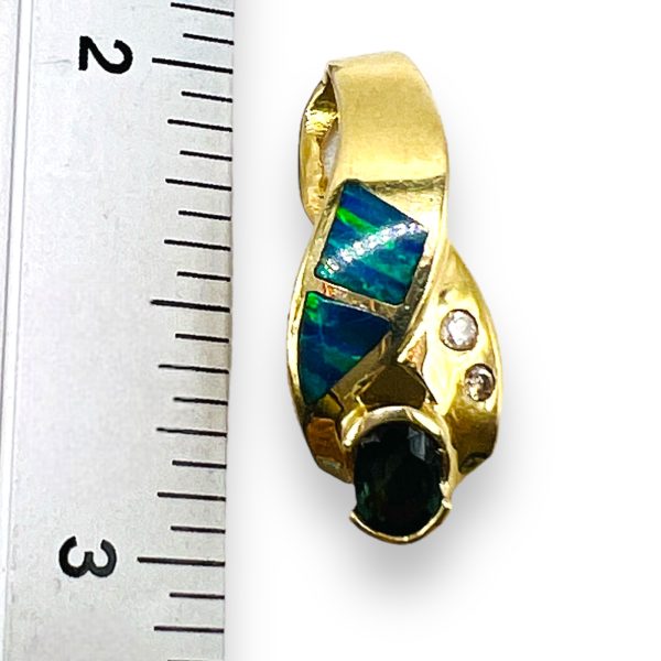 14k Gold Lab Opal & Genuine Diamond Inlay Swirl Pendant - Image 7